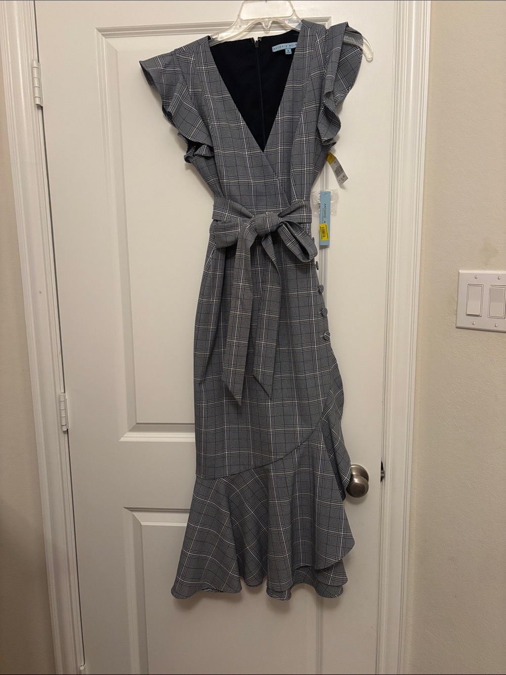 ANTONIO MELANI Gray Plaid Tie-Waist Ruffle Midi Dress
